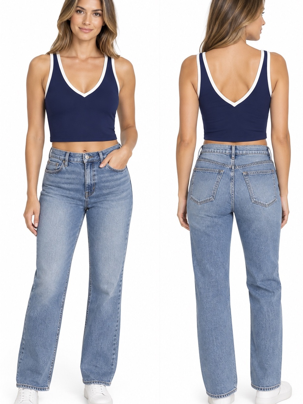 GAP Navy Cropped V-Neck Padded Sports Bra with White Trim
